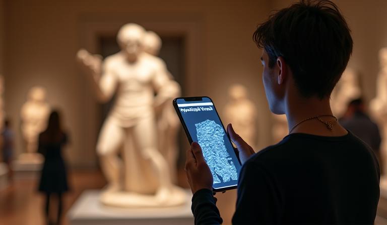 Une personne tenant un smartphone qui superpose des informations numériques sur une ancienne sculpture exposée au Louvre.