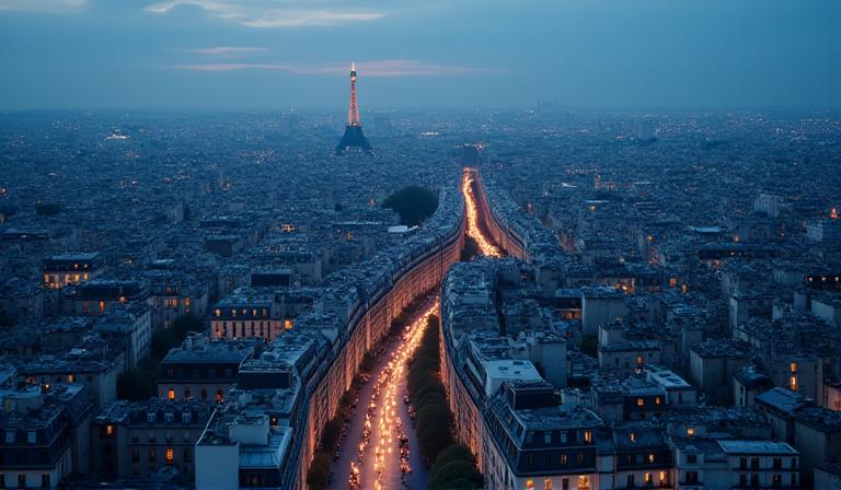 Vue aérienne stylisée de Paris avec des icônes numériques de narration géolocalisée superposées.