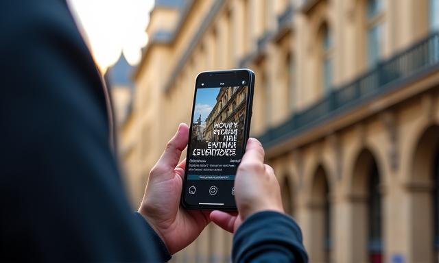 Femme utilisant un smartphone pour voir des éléments d'Histoire augmentée superposés sur un bâtiment historique - Projet AR