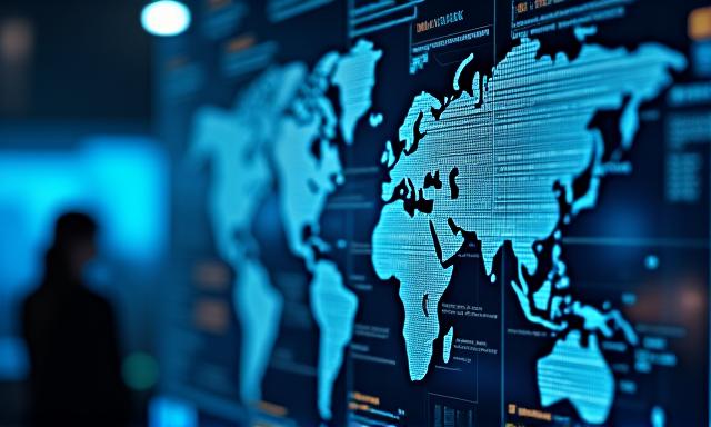 Infographie animée montrant des flux de données mondiaux sur un écran transparent - Projet Média