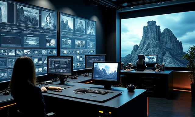 Scène cinématographique de documentaire avec un plateau de montage vidéo futuriste - Projet Hub
